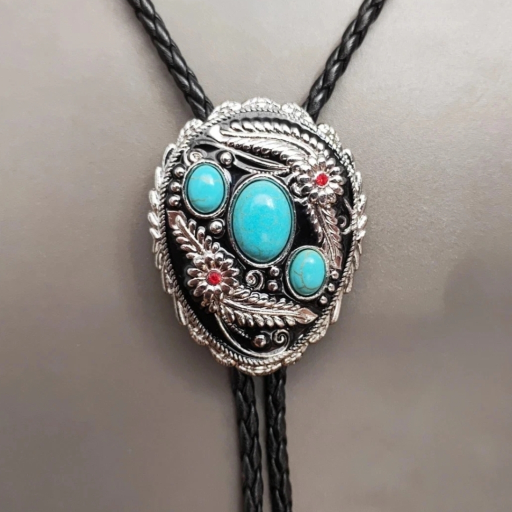 Beautiful Western Native Turqouise Color Leather Bolo Tie